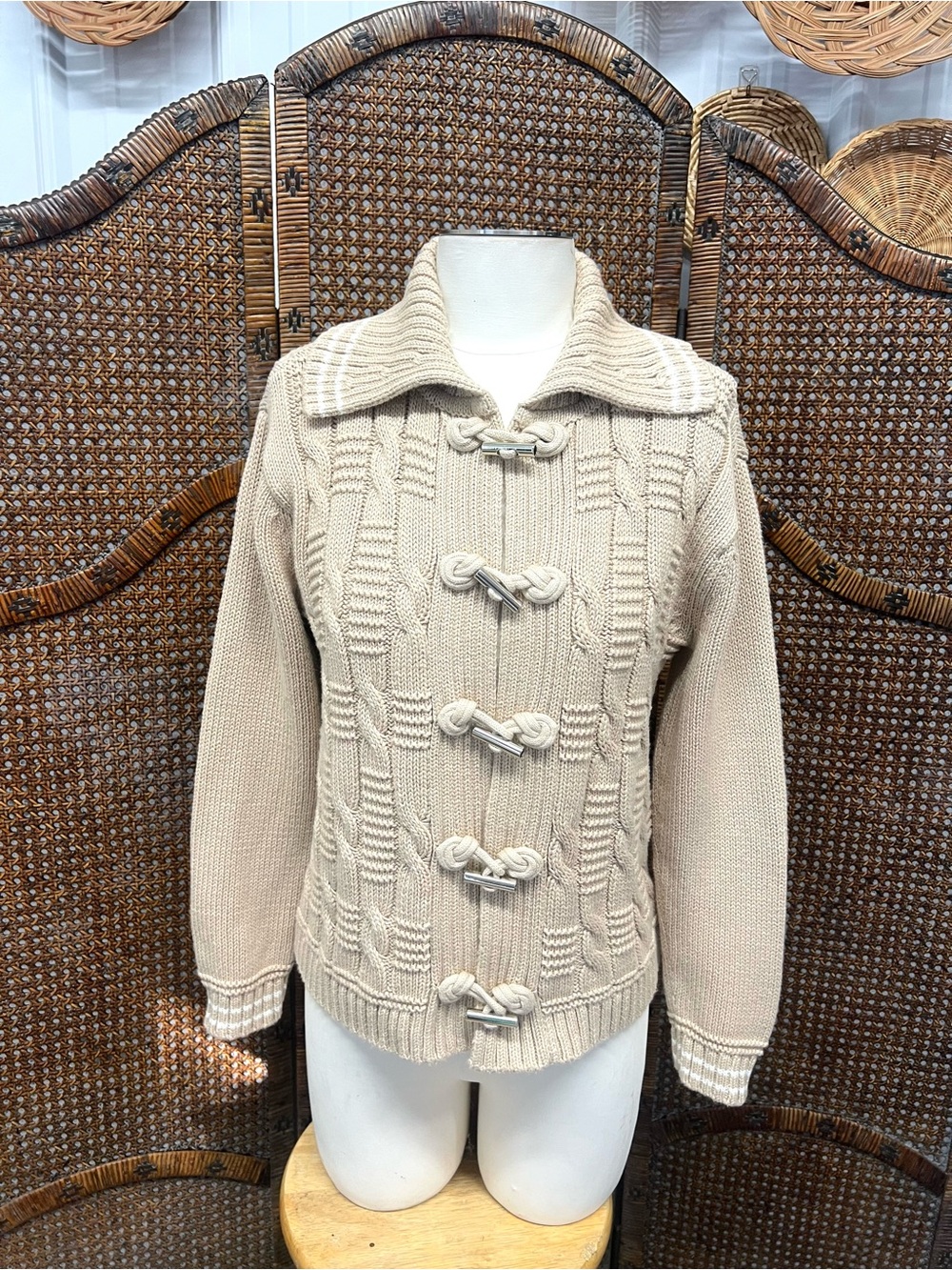 Talbots tan and white nautical cardigan sweater petite small cotton cable knit